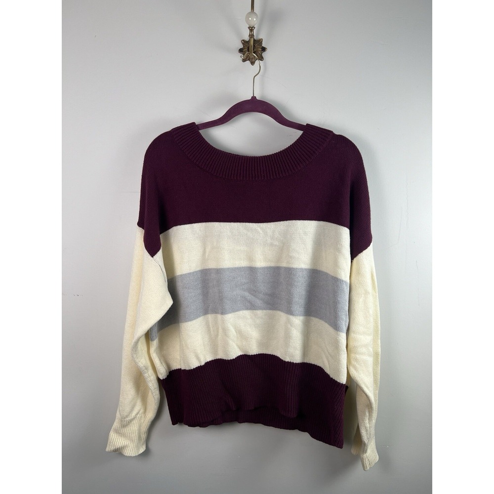 Lucky Brand Womens Sweater XL Wide Striped Maroon Beige Color Block Pullover